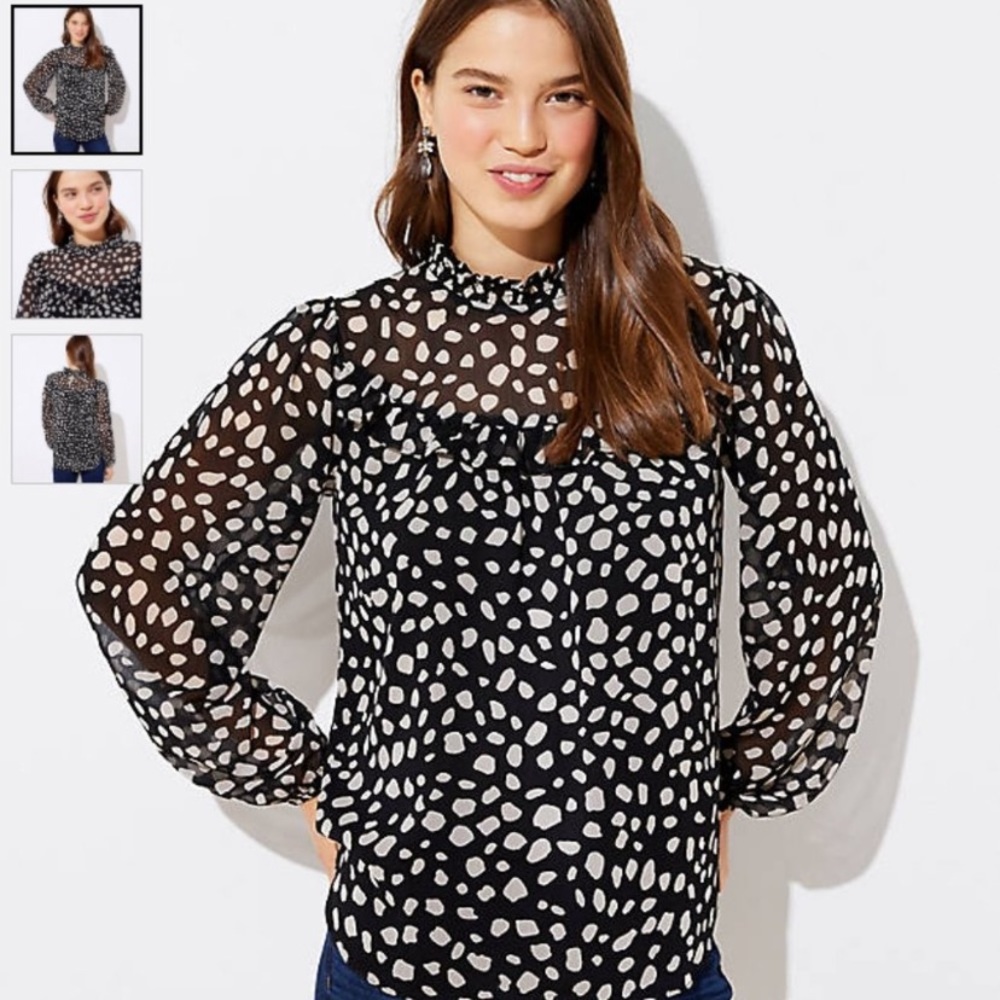 LOFT Spotted Long Sleeve Blouse - Petite Small